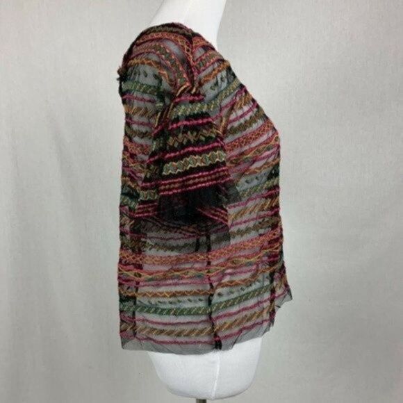 NEW Anthro Maeve Naples Mesh stripe top embroider - Picture 4 of 8